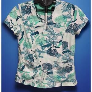 Easy Stretch by Butter Soft Blue Green Floral 4-Pocket V-Neck Scrub Top Small
